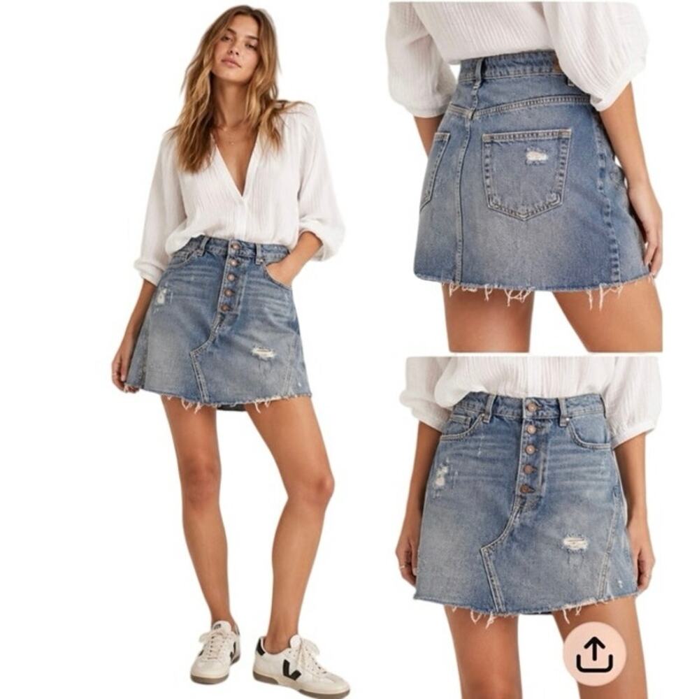 Free People We The Free Size 31 Distressed Denim Mini Skirt Button Fly Raw Hem